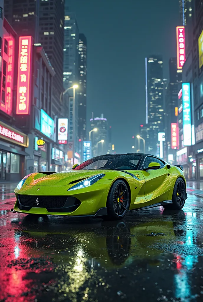 Create a lemon green Ferrari in a night city