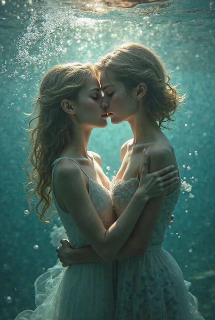 Two young people holding each other's faces underwater in a nostalgic way