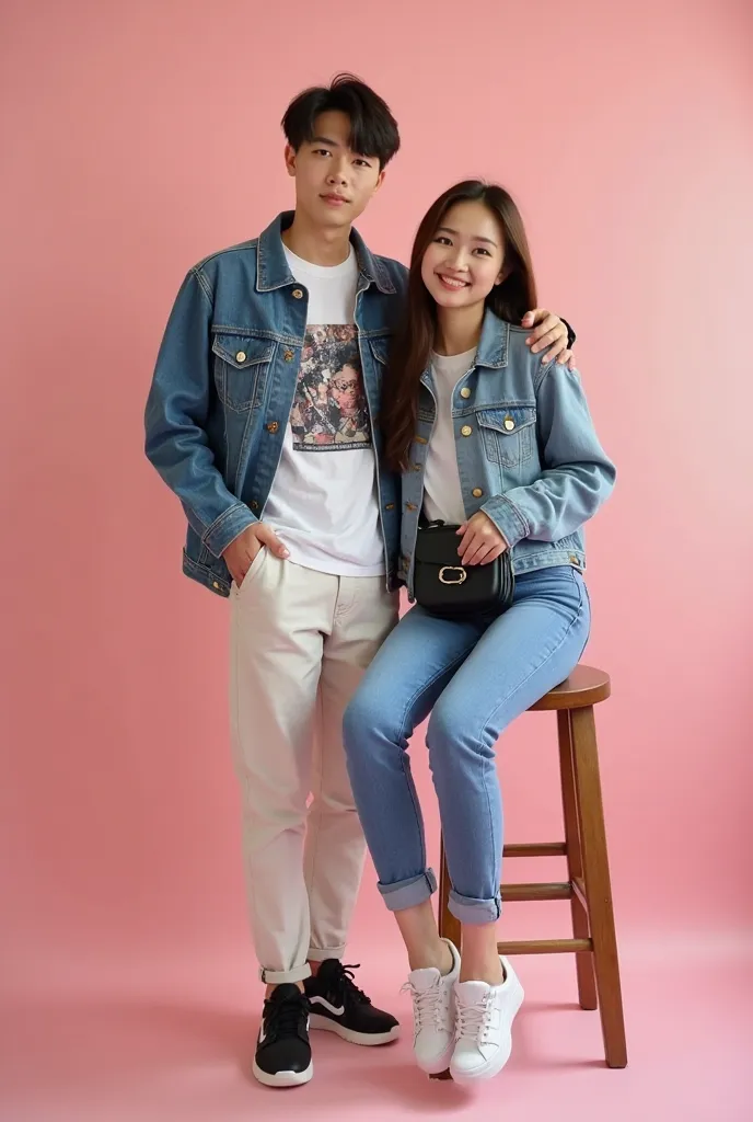  Indoor portrait of , indonesian couple, has a name on his wall named "May gun"  a Korean guy 2 wearing a white t-shirt with a cool picture and a jeans jacket, cool sneakers ,  an Asian woman with long flowing hair ,  Posing hugging  ,  wearing one tight j...