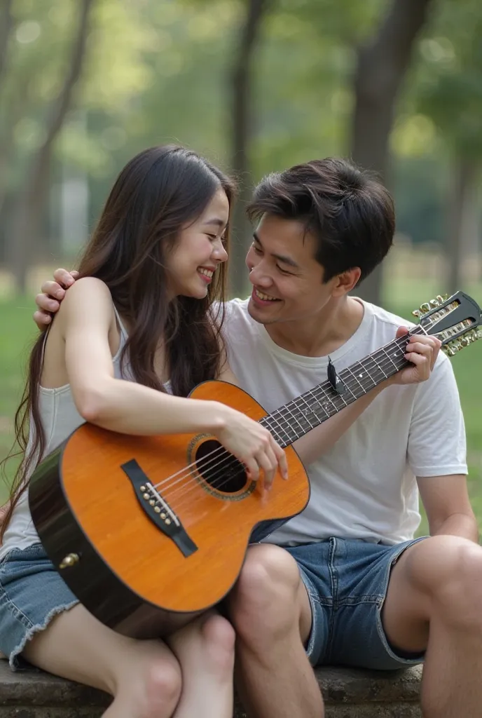 I want to create an image of a Very Beautiful Girl That girl is Vietnamese not too thin, ngực to, big boobs not skinny, pale white. This girl is hugging a guy who is also Vietnamese, the boy is the lover of the girl holding the guitar. Both men were sittin...