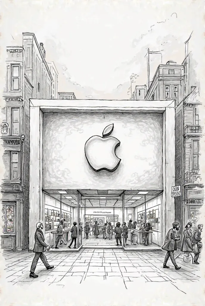 Draw an apple store in pencil and make it look like a comic drawing