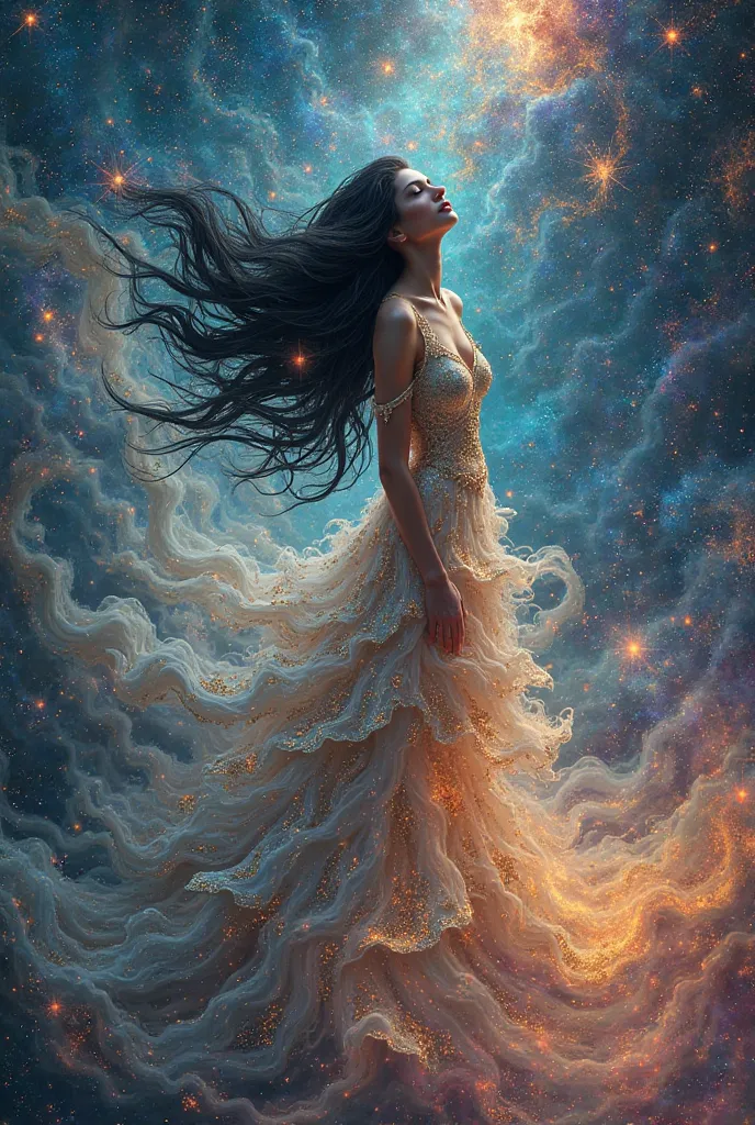 /imagine Art iridescente mesmerizing fusion of nebulae and stars swirling within an endless woman Black hair , capturing the boundless beauty of the universe.-ar 16:9 -q 2  -s 750 Versace