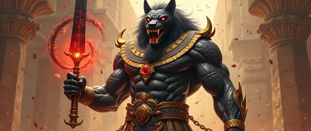 The Egyptian god of chaos Seth. Large than a human in size, looks like Egyptian half human half Jakal or dog, black skin, red eyes, sharp teeth, 4 fangs, furious, powerful, wears Egyptian armour with gold, pharaoh's clothes and armour, holds gold black kop...