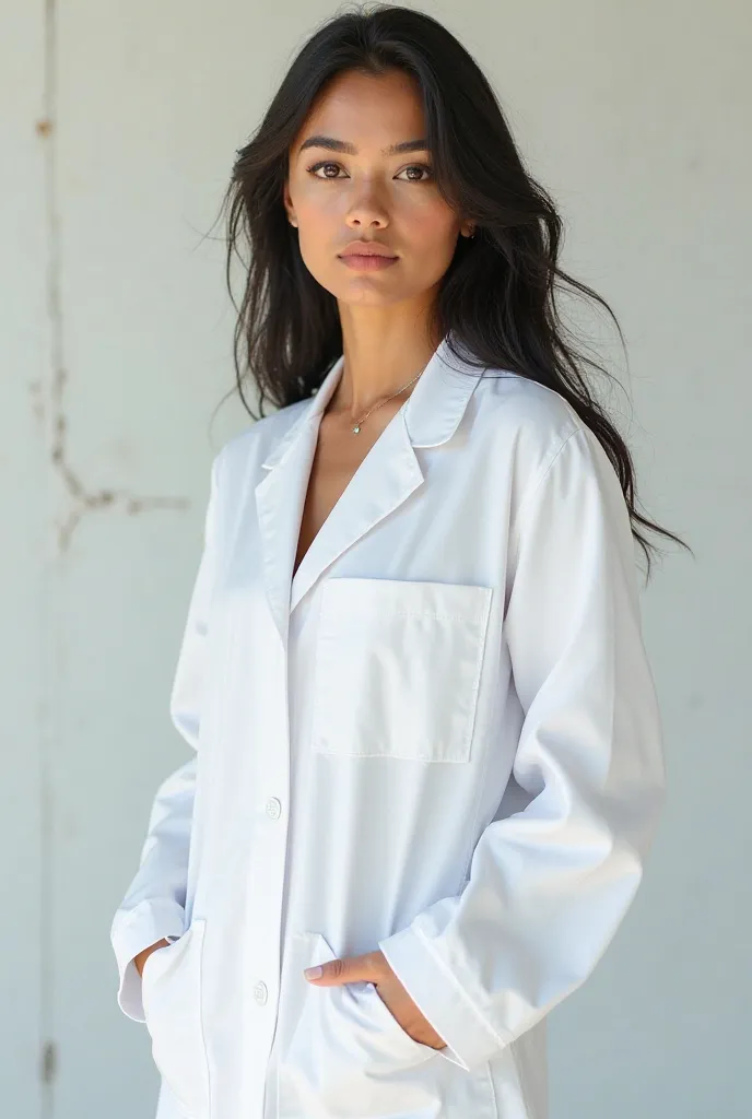 Advertising photo in a white medical coat. Modeled by a young Mexican woman. full body