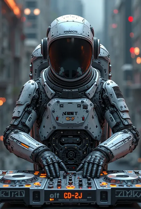 CREATE A BRAND LOGO WITH THE NAME Zend-K WITH 3D CAPITAL LETTERS WITH UNIQUE FONTS, HEADPHONES AND A CDJ AND A HALF-ROBOT ASTRONAUT WITH BLACK AND GRAY MECHANICAL PARTS 