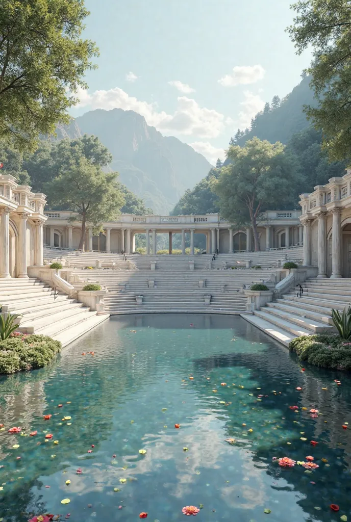 Theatre decoration and the scene is a lake in the middle and surrounded by places to sit in marble in the shape of staircases