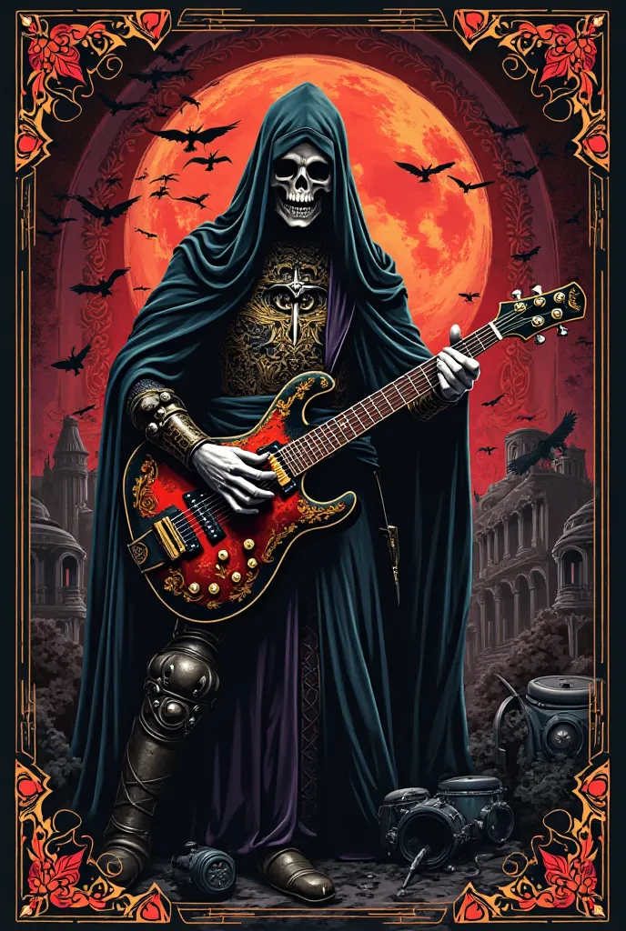 I want a poster for a concert by a group called Negra Suerte .I want it to be an elegant Gothic vector poster with elements that evoke bad luck and a group of 5 Knights Templar playing 2 electric guitars, under, drums and singer .Besides, containing elemen...