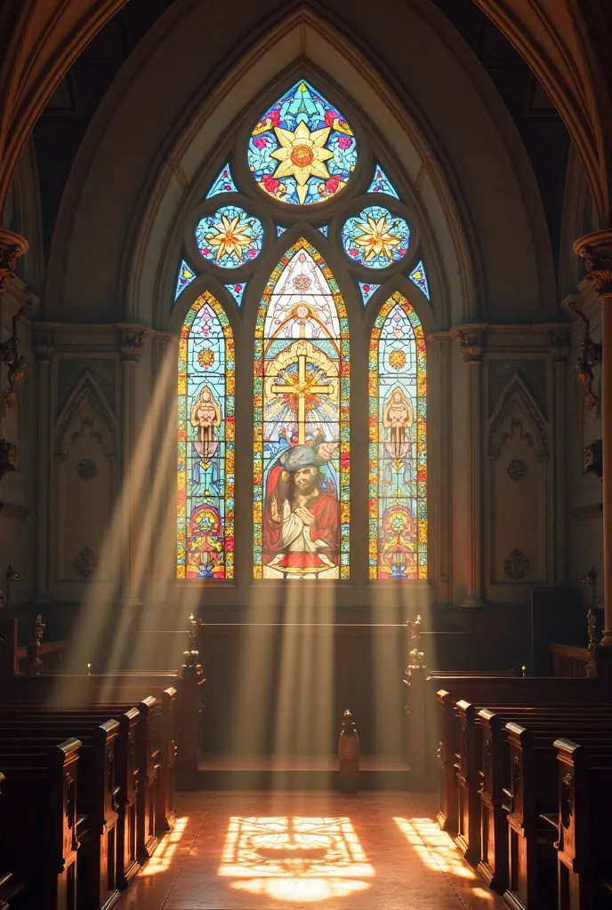 A beautiful church window with an oval border, adorned with colorful stained glass windows depicting celestial patterns and religious symbols. Divine light passes through the stained glass windows, projecting a multicolored glow across the room, creating a...