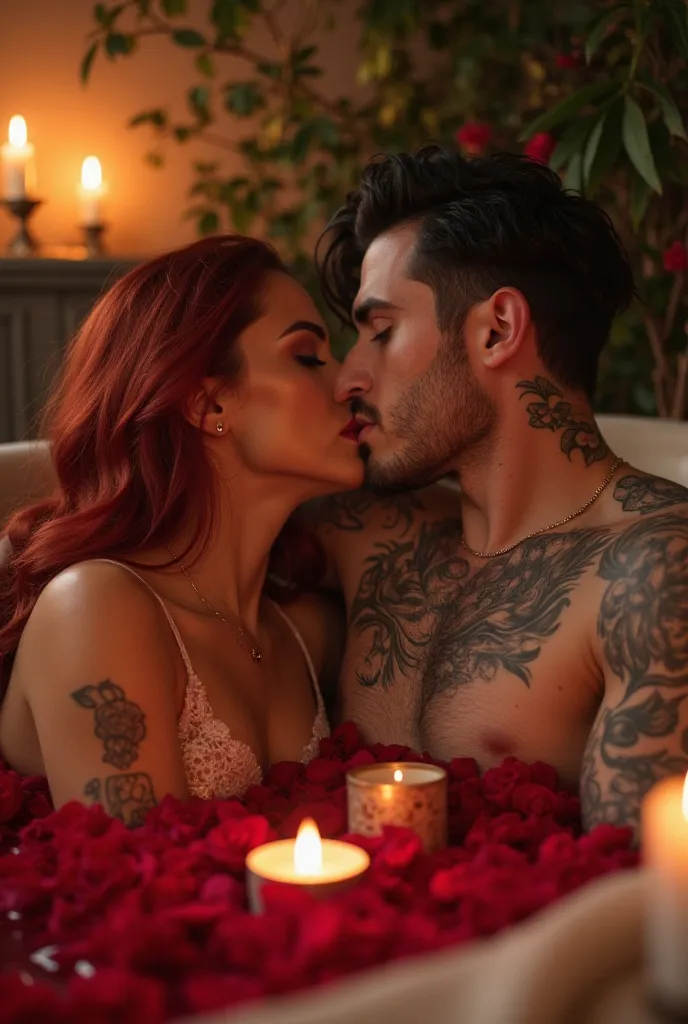 Beautiful young Latina model with long cherry red hair ,Together with her boyfriend a handsome young man tattooed with heavenly eyes Silverhair Lying sexually leaning in a tub with red rose petals and candles they kiss 