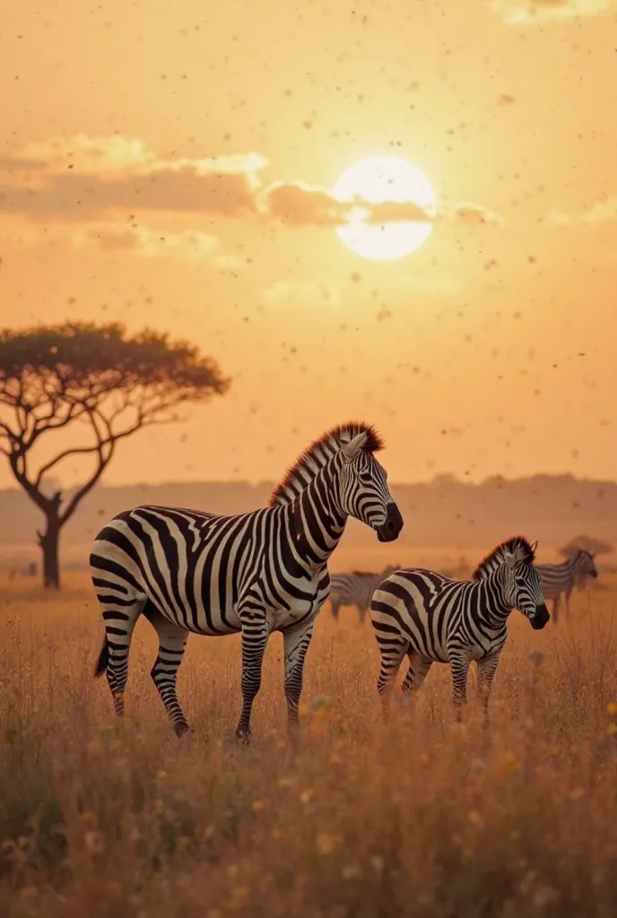 I want to generate a beautiful and beautiful image of the savannah with animals that are a bit scattered, others highlighted, other backwards, I want them to be very beautiful animals such as zebras, I want it to be an image that reflects peace and harmony...