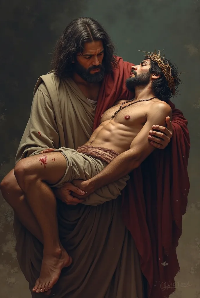 Jose de Arimathea carrying the bloodied body of Jesus that you can't see the face of Jesus in the image and that he wears the crown of thorns 