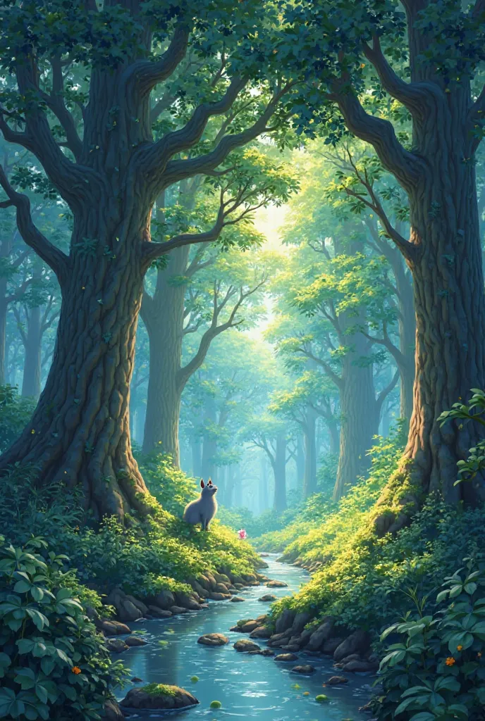 Viral anime nature wallpaper in 4K quality, in the style of digital illustration inspired by Hayao Miyazaki, featuring a serene forest with towering ancient trees, dappled sunlight filtering through the leaves, a gentle stream flowing through the scene, an...