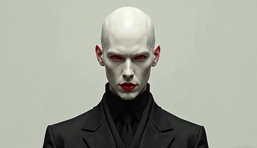 Man in black, wearing a black suit, no hair, no eyebrows, no eyelashes, pale skin, ruby ​​red lips