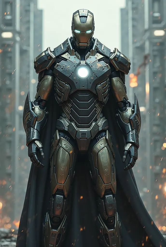 Tony stark in his suit of armor that matches the patterns and design of Doctor doom