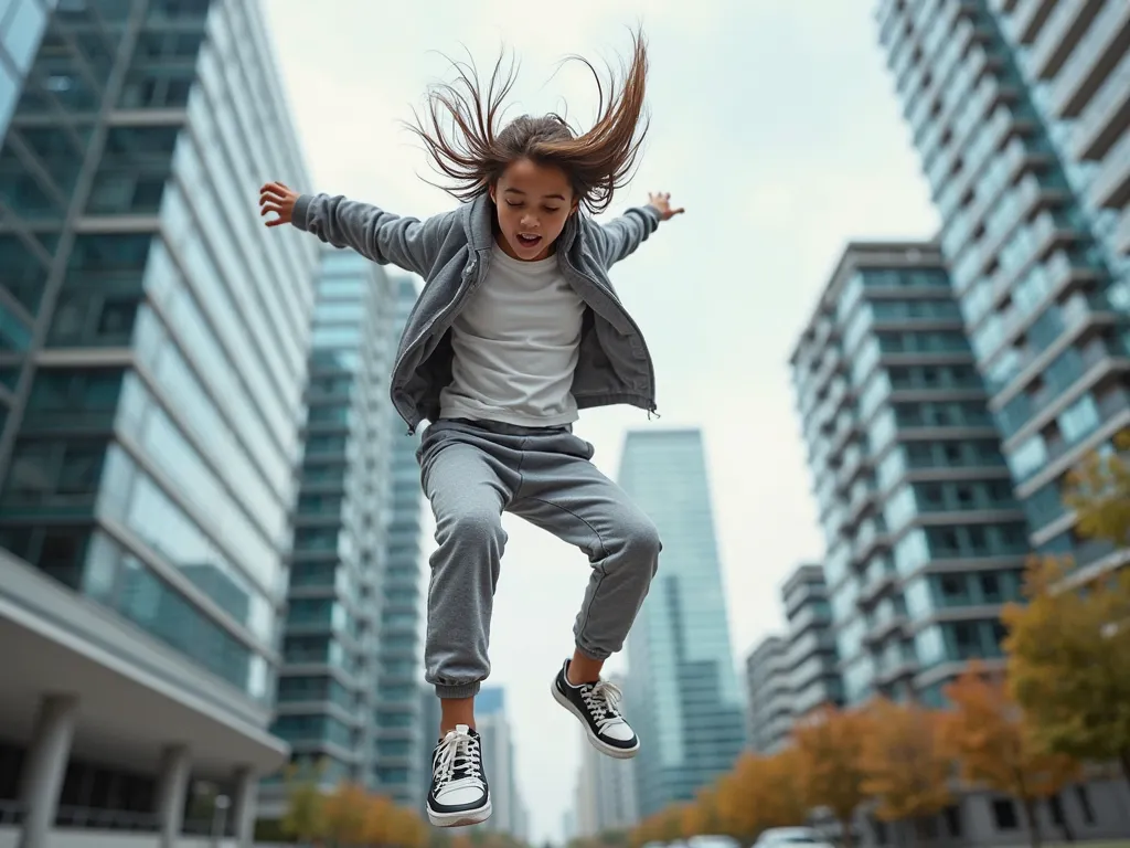 A young student girl (aged 15-20) performing a dynamic parkour jump in an urban city environment. She wears casual sporty attire (t-shirt, hoodie, and joggers) with sneakers. The image is taken from a low-angle perspective, emphasizing movement and energy....