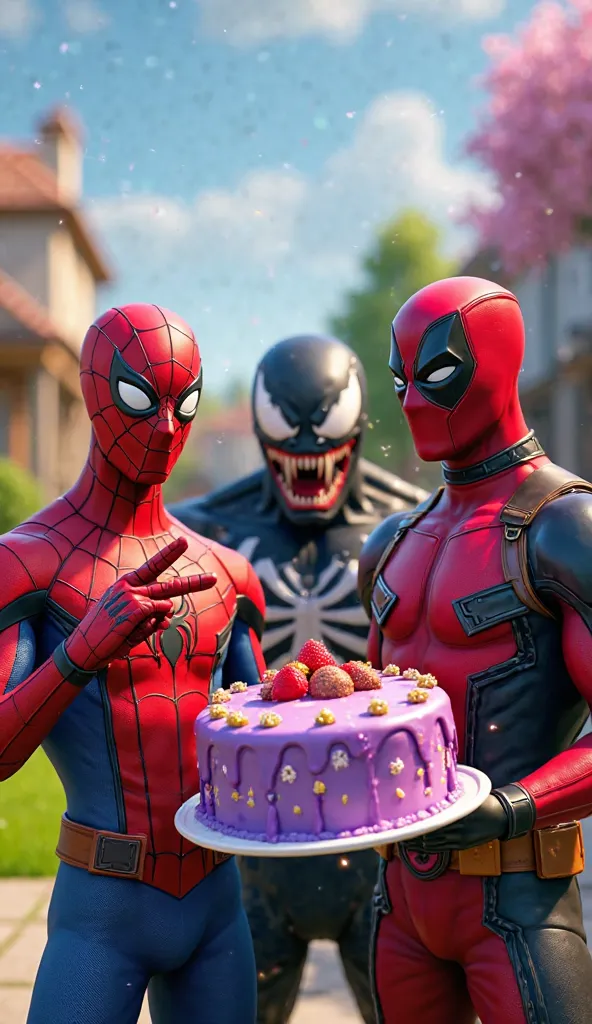 "Create an image in the visual style characteristic of Fortnite,  with a vibrant aesthetic , colorful and slightly cartoonish. The scene features Spider-Man, Venom and Deadpool together in a stylized suburban backyard, each one holding a large cake in thei...