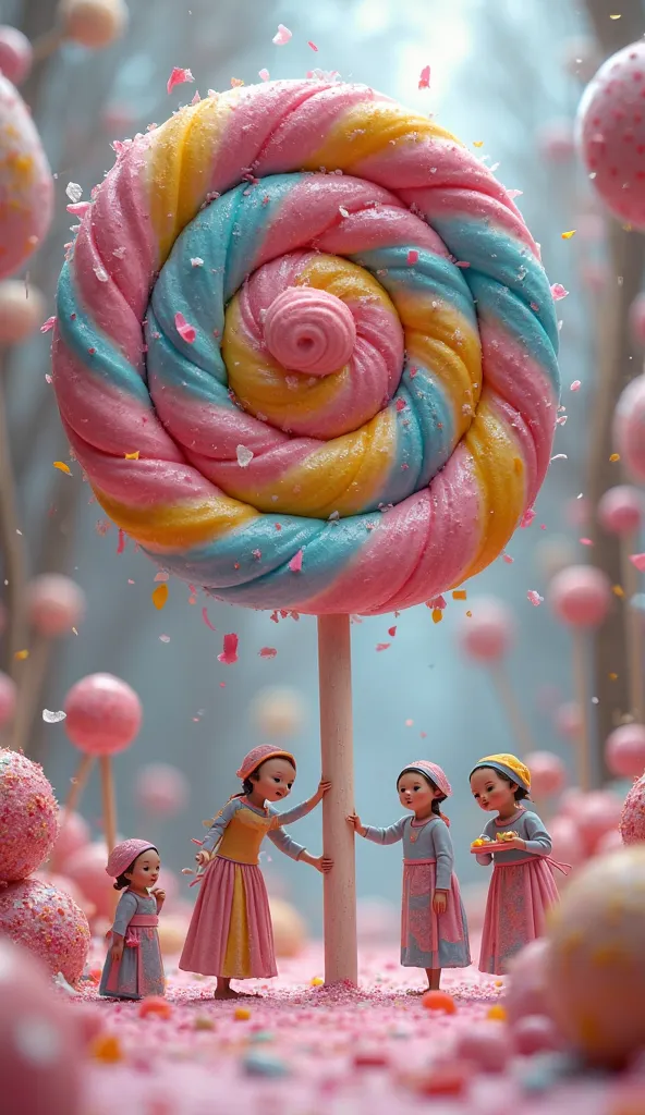 5 Tiny candy makers are swirling colors into a giant lollipop the size of a Ferris wheel.