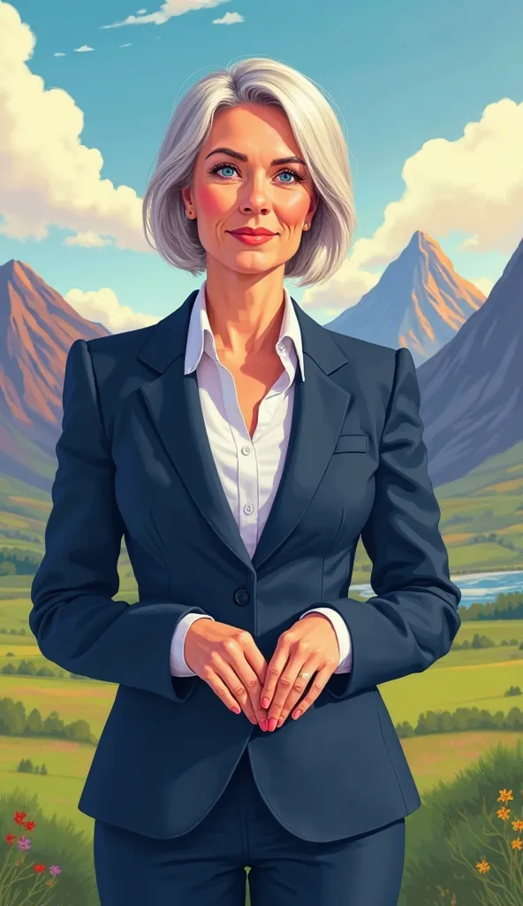 
A portrait of Johanna Sigurdardottir, Iceland's first openly lesbian Prime Minister, in the style of a modern animated portrait. She is depicted at approximately 50-60 years of age, a woman of Icelandic descent with fair skin, short, neatly styled graying...