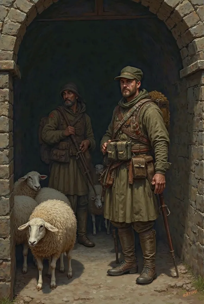 Soldier and a shepherd with his sheep in a cellar 