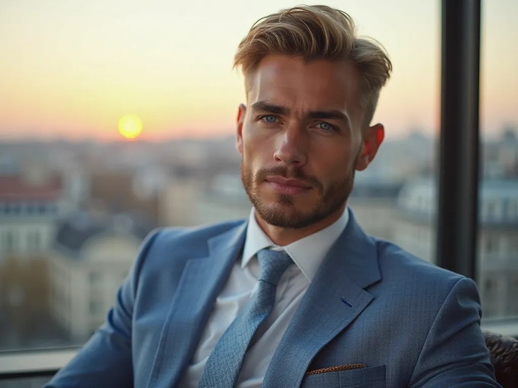 A full body, Handsome Man 25 years old, short blonde short light blonde hair wet backwards , bright blue eyes, marked jaw, beard trimmed with black lenses and wears a light blue American-style suit and a white shirt and a light blue tie, Sitting in an offi...