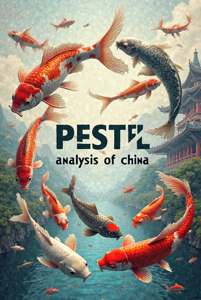 An image where it says " pestel analysis of china" And around there are fish surrounding the phrase and in the background a Chinese landscape too