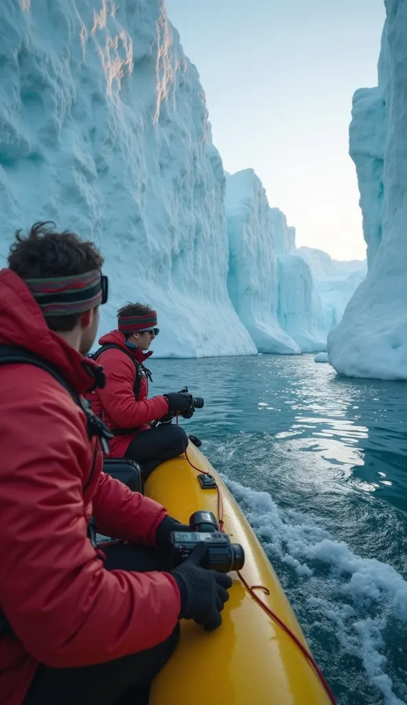 The camera is still close to the two seated explorers, capturing only the upper part of his red jackets and his snow goggles. One of the explorers is holding the camera, is visible while the other one observes the ice walls. The icy water from Antarctica s...