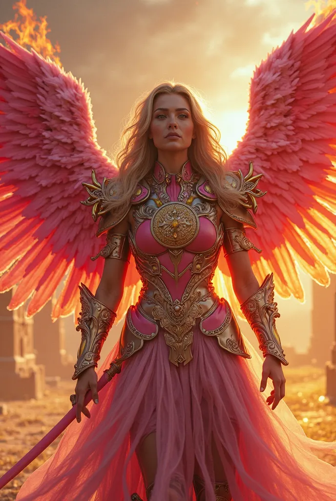 A very beautiful woman with her 4 huge wings, Your wings are on fire,2 wings up , And 2 wings down big wings and long feathers, Your wings on fire ,  Large wings full of feathers with the colors of your fierce armor in totally pink armor  ,long hair wearin...