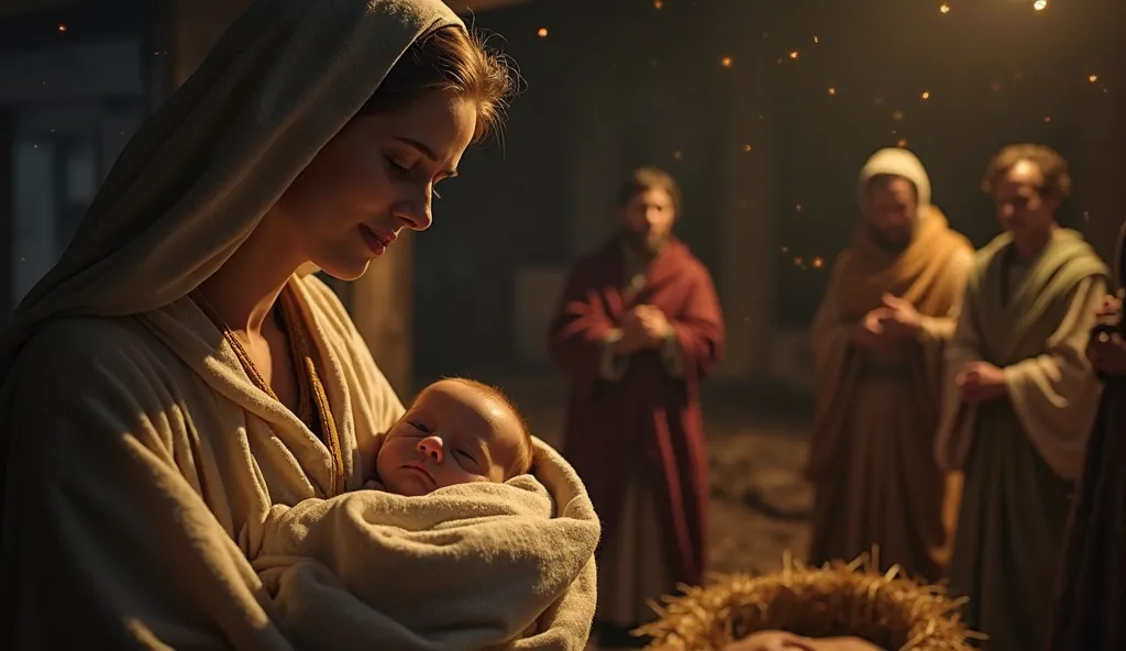 3. Mary's gaze on the baby Jesus
Cinematic close-up: Mary holds the little newborn Jesus in her arms, her eyes shining with love and reverence. Her face reveals both maternal tenderness and awareness of the 's divine destiny.

Cinematic open shot: The stab...