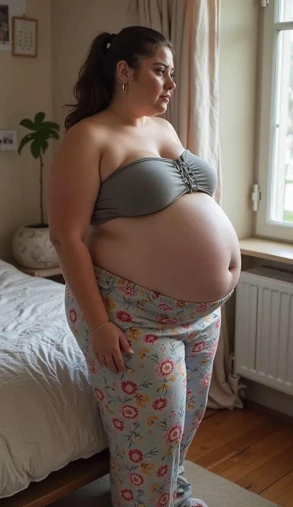 In room, high angle view, a massive ass pawg voluptous obese bbw 30-year old white european student with huge fat protruding bloated saggy belly standing near bed, brunette slickback ponytail, hoop earings, wide body, large sized huge breasts, huge thighs,...