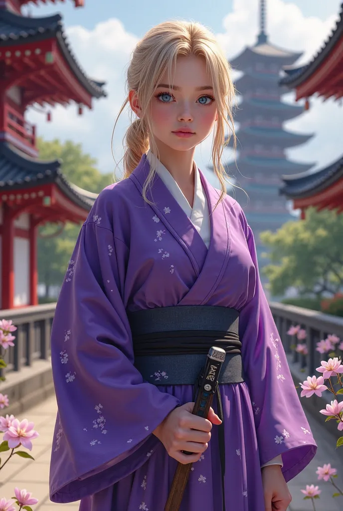 Girl with blonde hair, blue eyes, and wearing a purple ninja kimono, only without a mask. This is her Twitter profile picture. She is standing in front of a Japanese monastery 