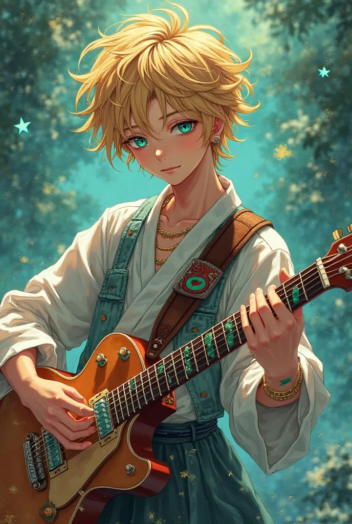 Make an anime drawing with a ruffled blonde boy with Korean-style black reflections blue eyes emeralds and foxy eyes loose, Korean-style clothing playing a dominant Omega 1 guitar.79 cm tall 