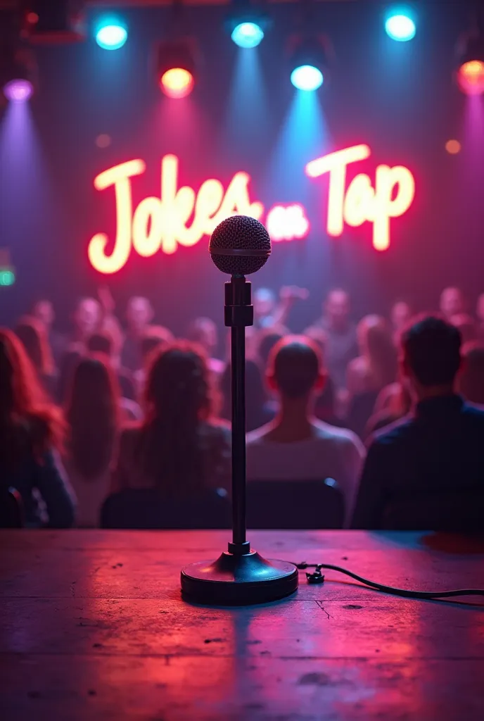 A vibrant standup comedy stage with a spotlight on a microphone, the text ‘Jokes on Tap’ glowing in neon lights above the stage, a laughing audience in the background, colorful and energetic.