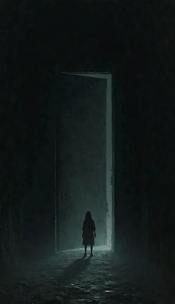 "A pitch-black doorway with a faint, faceless silhouette barely visible, creating a sense of dread."