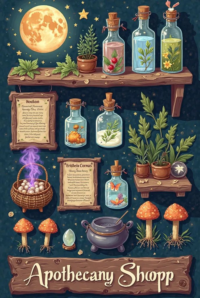 (Make them sticker type, I have to print them and cut them out later that's why I ask you not to mix them)
-type plants on it - a painting with a moon 
-a painting with a butterfly I think 
- two large signs with recipes for potions and drinks being sold 
...