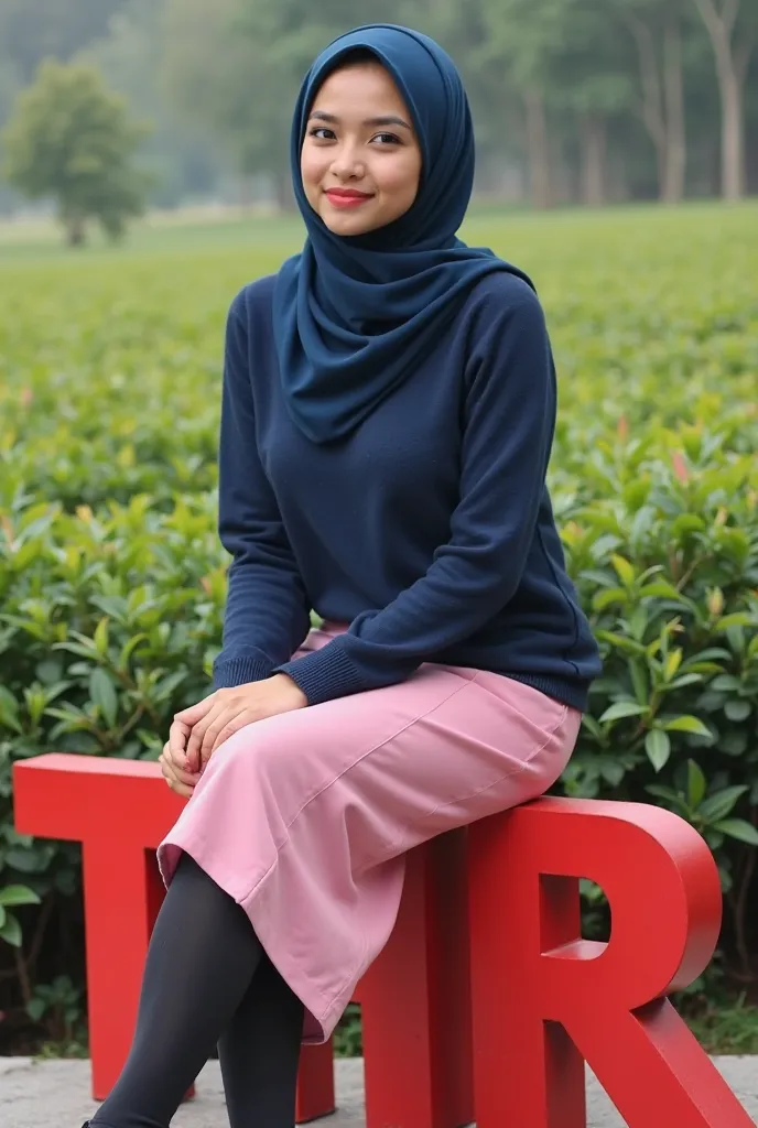 Make me realistic photo A beautyfull dutch young girl, wearing blue hijab, wearing dark blue sweater tebal, in wearing elegant pink pencil skirt, wearing leather shoe gucci trade mark, relax sitting, Waiting someone, facing forward white white cat view fro...