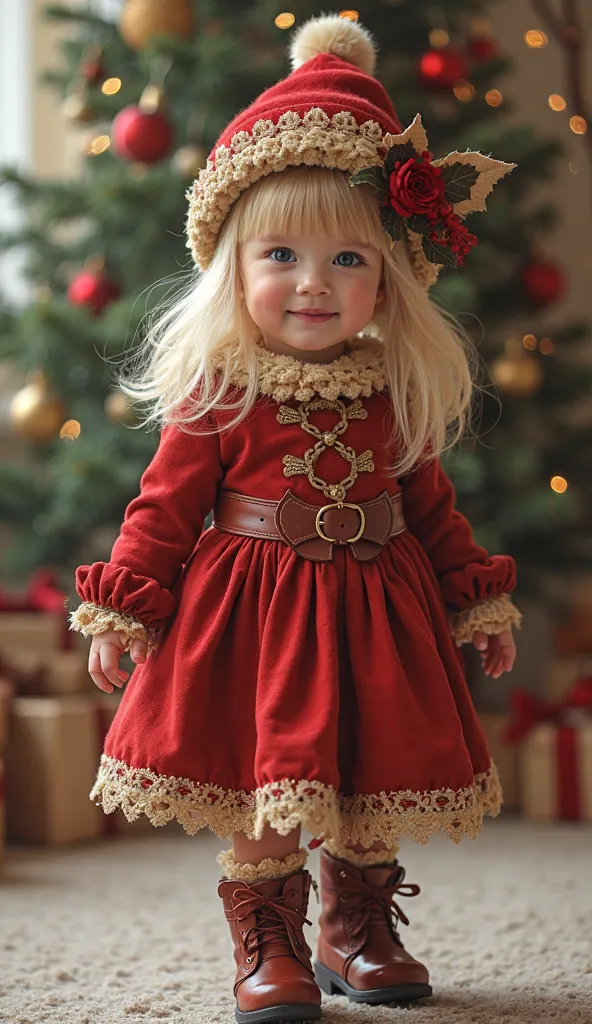  An ultra-realistic oil image of a cute baby smiling ,  with straight blond hair and bangs  ,  she is standing,   wearing a Christmas dress in color   #Designer D5EDB9 , a belt with gold lace and matching boots  .  She wears a hat in color   #  D5EDB9 with...