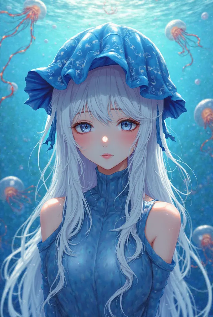  A 20-year-old girl, man in blue clothing , white skin, long white hair, blue jellyfish hat, and a background with jellyfish in the sea.

anime style