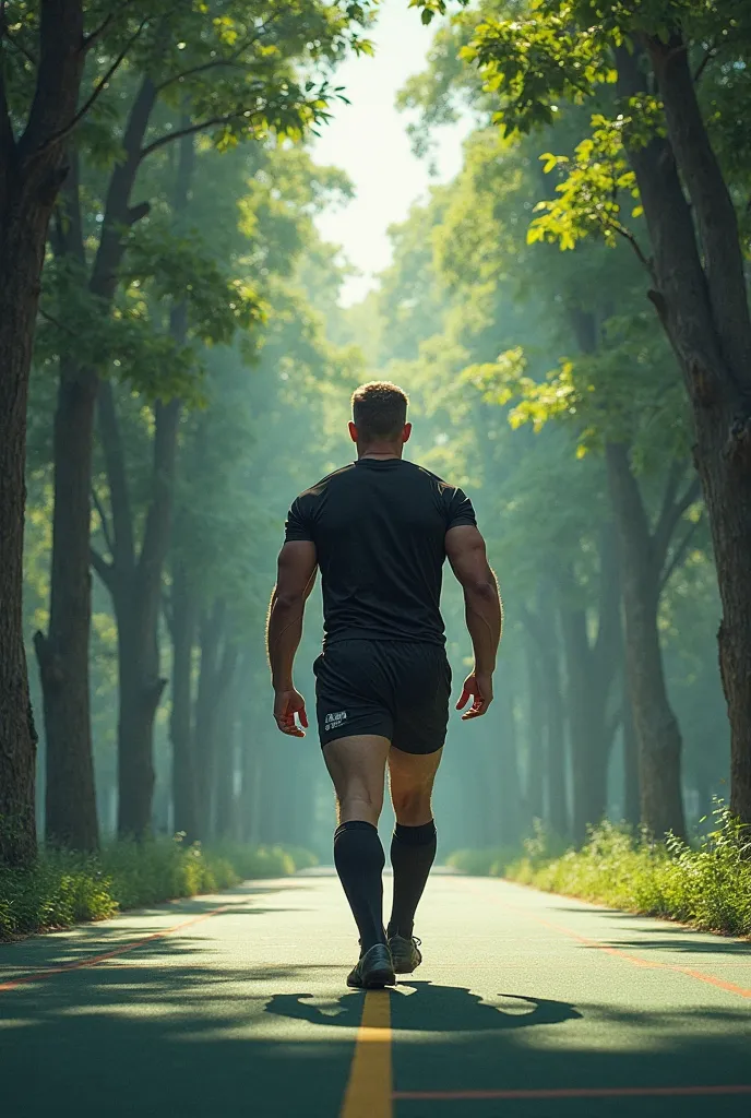 Rugby player dressed in black walking on the court where he is shaded by the trees around the court 