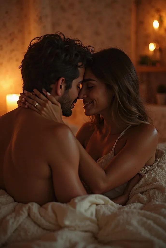 **"A romantic and intimate moment between two people, set in a cozy, softly lit bedroom at dusk. The warm glow of candlelight flickers across the room, casting gentle shadows on the walls. The couple is close, their faces tender and expressive, conveying d...