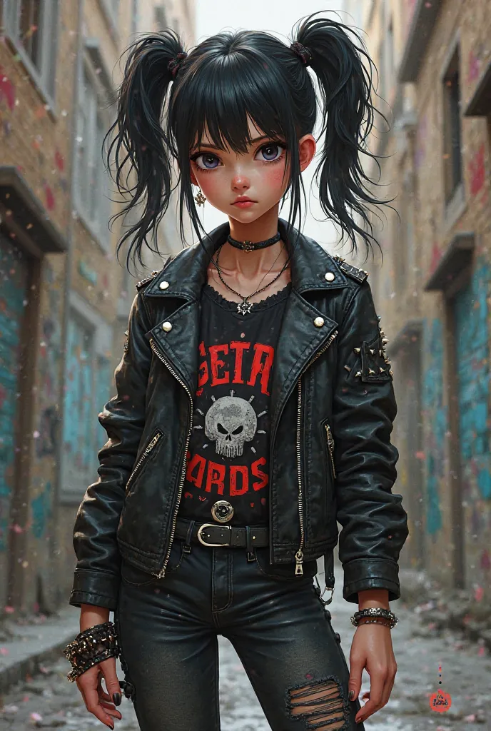 a ager girl, leather spiked jacket, band t-shirt under jacket, twintails hair