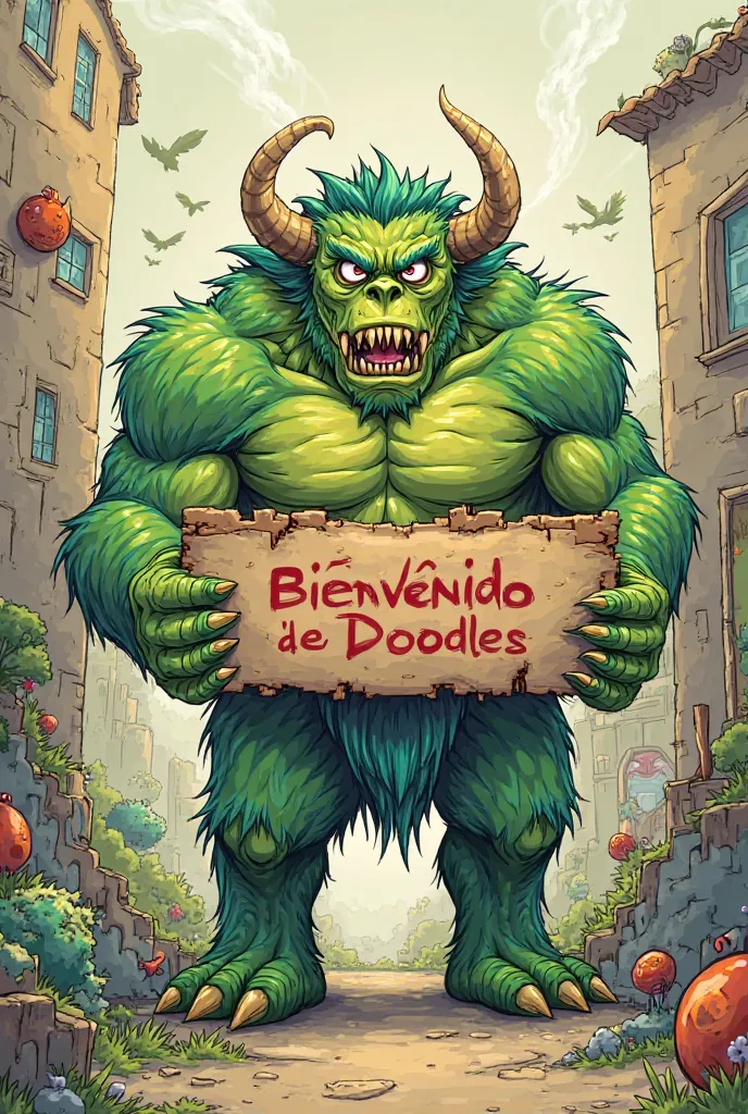 Create me an image of a green monster with horns, That he has a sign on his hands that says, Welcome to Doodles in Spanish 