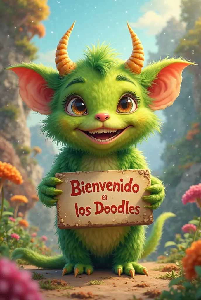 Create me an image of a green baby monster with horns, That he has a sign on his hands that says, Welcome to Doodles in Spanish 