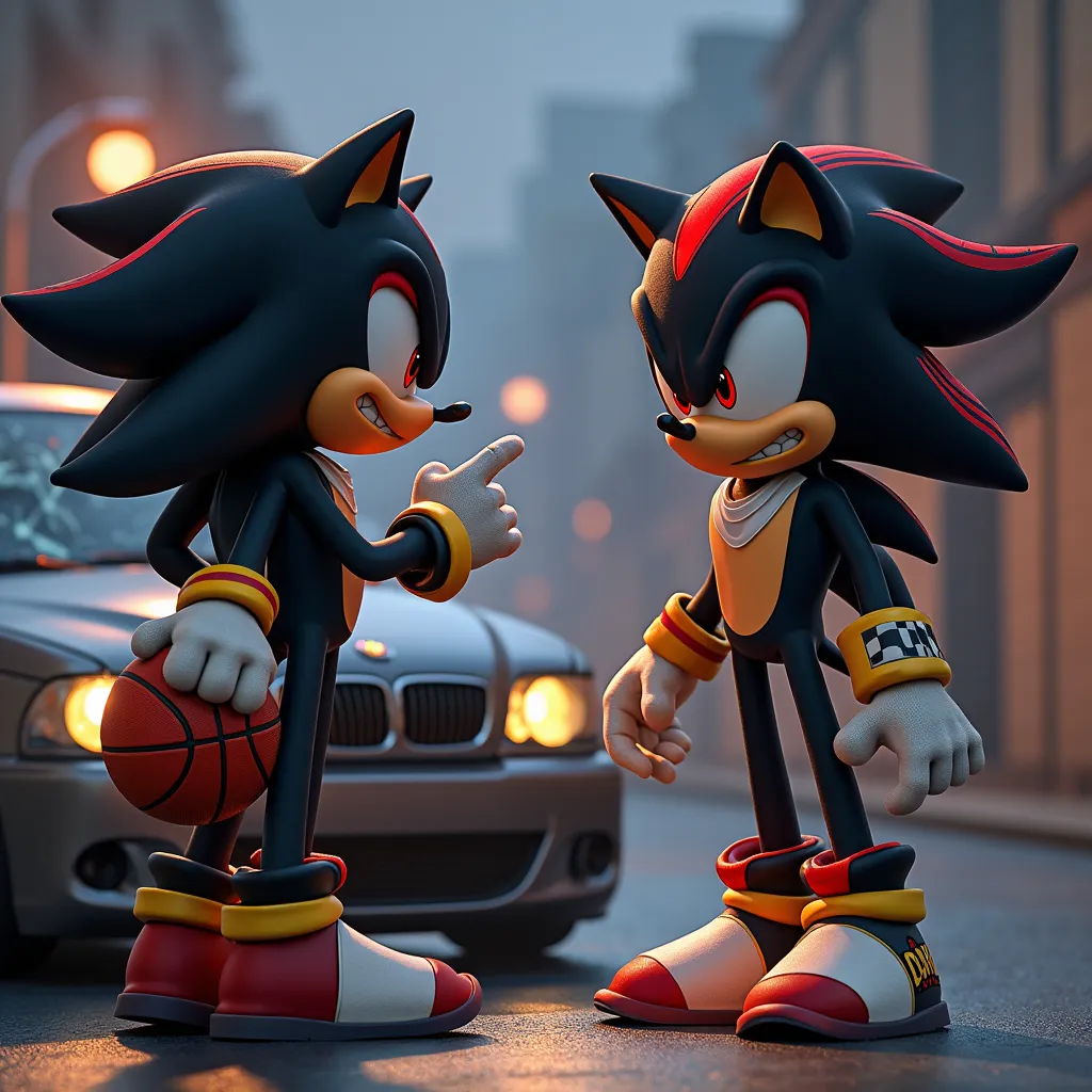 A highly detailed and cinematic scene featuring Shadow, the hedgehog from Sonic, dressed in modern casual clothes, looking angry and scolding his young son (a small shadow). shadow has an intense expression of frustration, furrowed brows, and is pointing h...