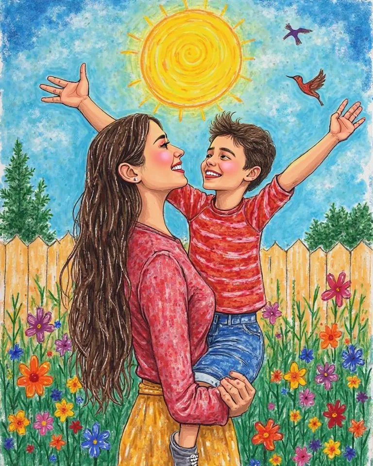 Design of a woman with straight and long brown hair, eyes closed, smiling, arms raised toward the sky. a boy, Minor, smiling, eyes closed, arms raised to the sky. Backyard environment, colorful flowers and some flying birds. Very yellow sun and clear blue ...