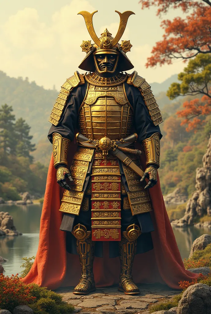 A samurai with a golden armor, who wears a golden shogun mask