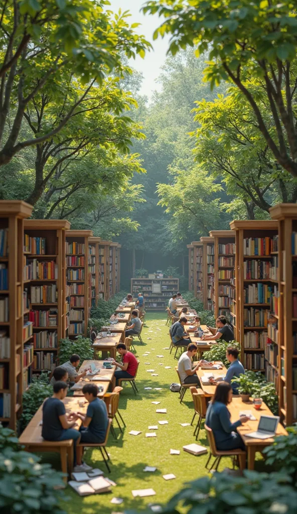 Realistic macro photos A spacious library garden, surrounded by green trees and open bookshelves. The atmosphere is full of activity of people who are busy reading,  writing , and discuss in different corners. Some people sit on wooden benches with thick b...