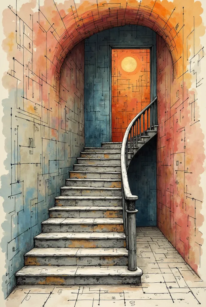 drawing of a drawing of a staircase leading to a desk, concept art inspired by Federico Uribe, reddit contest winner, cubo-futurism, textbook illustration in clolour, intermediate art, created m.c. escher and picasso, codex seraphinianus, diseno limpio de ...