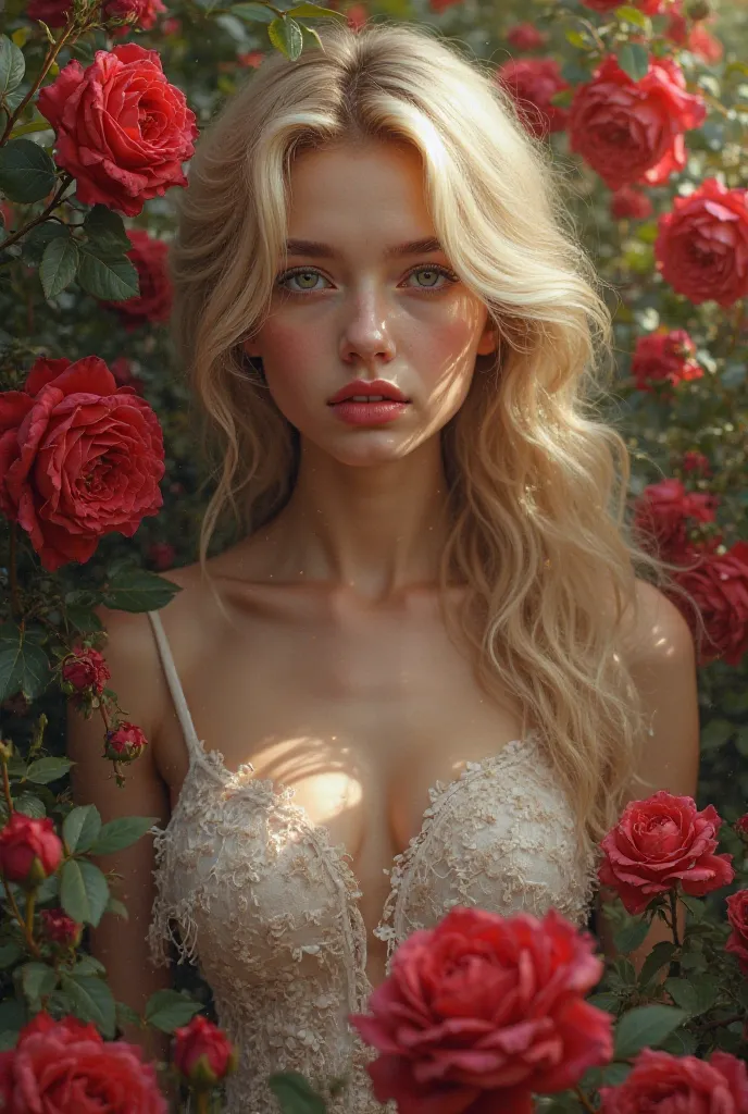 Blonde girl half naked in roses