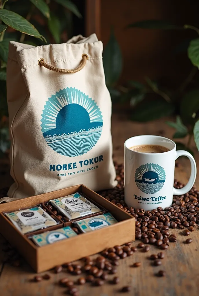 An elegant natural linen bag with the tour logo: a vibrant blue sun printed in great detail. Next to it, a premium box of dripbags, each containing coffee selected from five iconic coffee shops. Completing the set, a personalized Deiwo Coffee mug with a so...