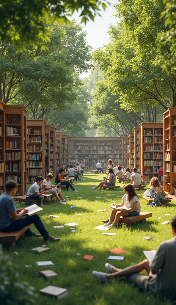 Realistic macro photos A spacious library garden, surrounded by green trees and open bookshelves. The atmosphere is full of activity of people who are busy reading,  writing , and discuss in different corners. Some people sit on wooden benches with thick b...